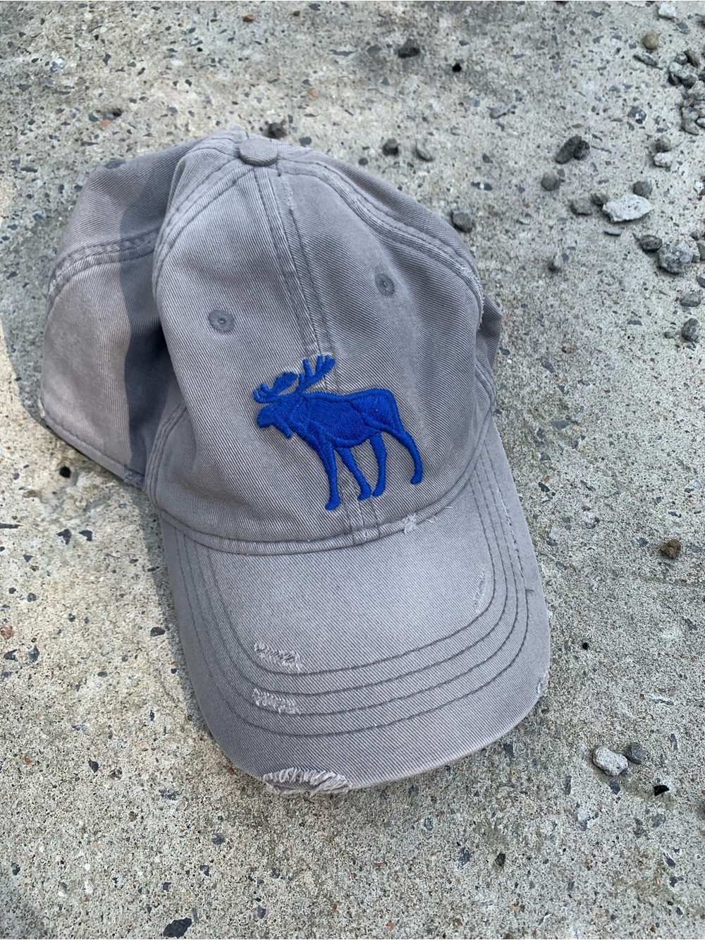 Y2k Abercrombie & Fitch Distressed Grey Fitted Baseball Cap Blue Moose Logo L/XL